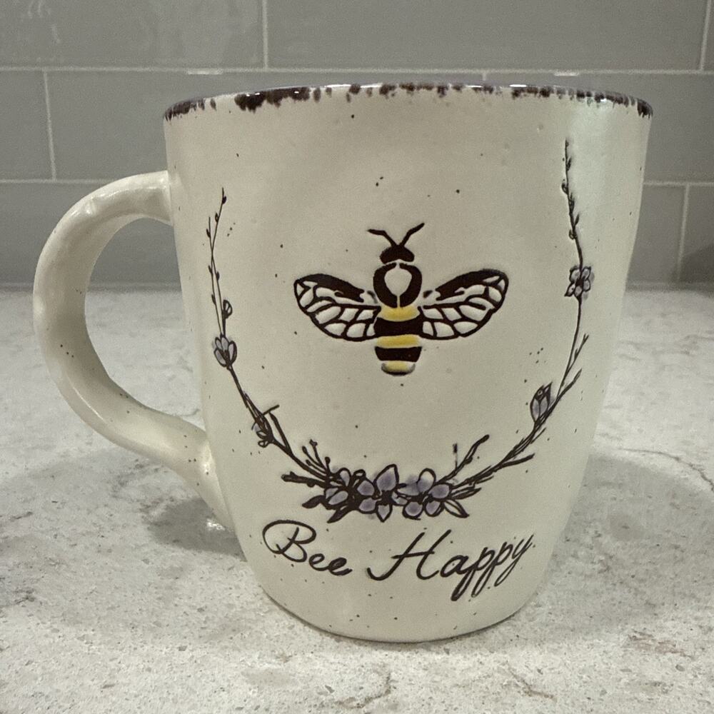 BEE HAPPY 18oz Purple Inside Spectrum Designz Stoneware Coffee Mug Cup NEW
